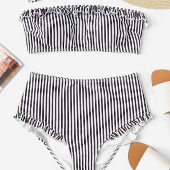 Other - Striped high waist bikini w/ruffle detail